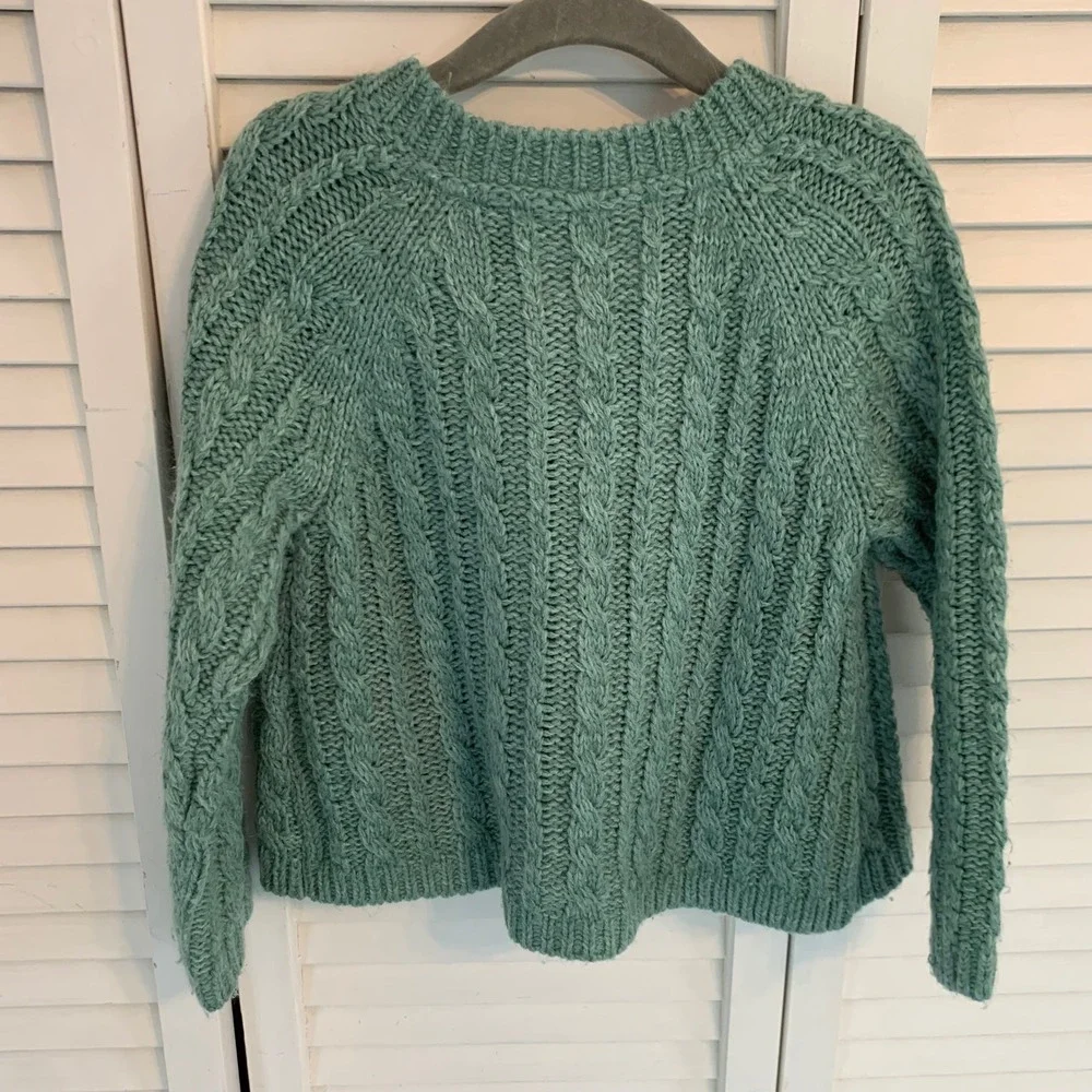Mini Boden Kids Cardigan Sweater Chunky Green Cable Knit Floral Bobble Girl 3-4Y